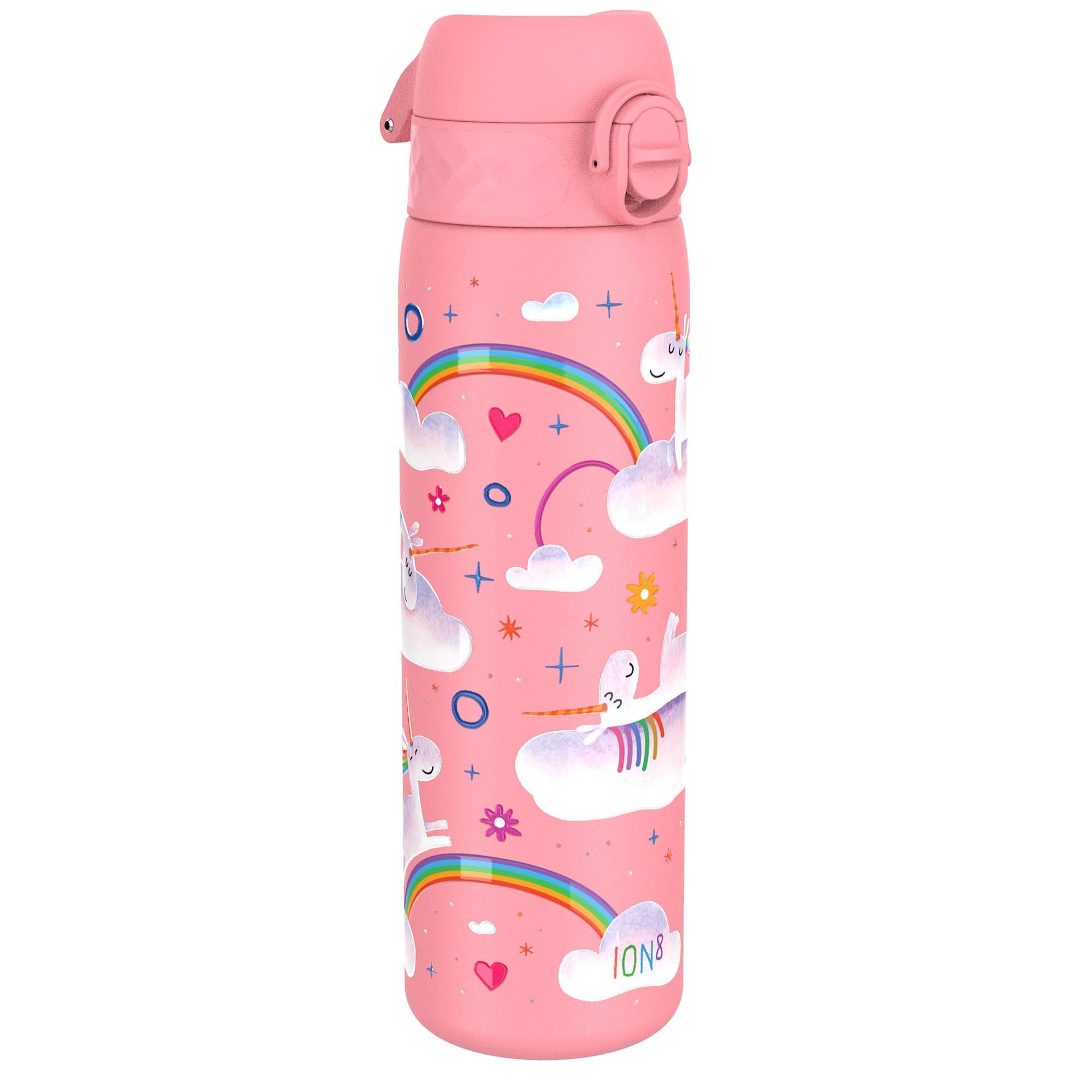 Ion8 Water Bottle, 500 ml/18 oz, Leak Proof, Easy to Open, Secure Lock, Dishwasher Safe, BPA Free, Hygienic Flip Cover, Carry Handle, Easy Clean, Odour Free, Carbon Neutral, Unicorn Rainbows