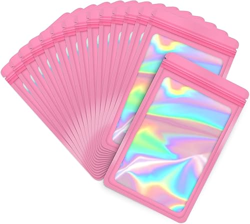 Paquete de 100 bolsas de mylar con ventana transparente, holográficas, resellables, con cierre, para pequeñas empresas, embalaje de joyas, dulces,