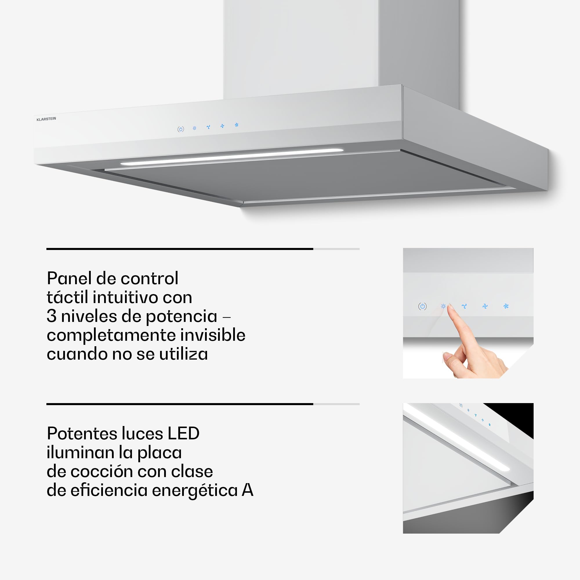 Klarstein Velaire Campana Extractora 60 cm - 600 m³/h, Eficiencia A++, LED, Táctil, Filtro Carbón, 3 Velocidades, Silenciosa, Integrable, Campanas Extractoras Cocina 60 cm, Blanco