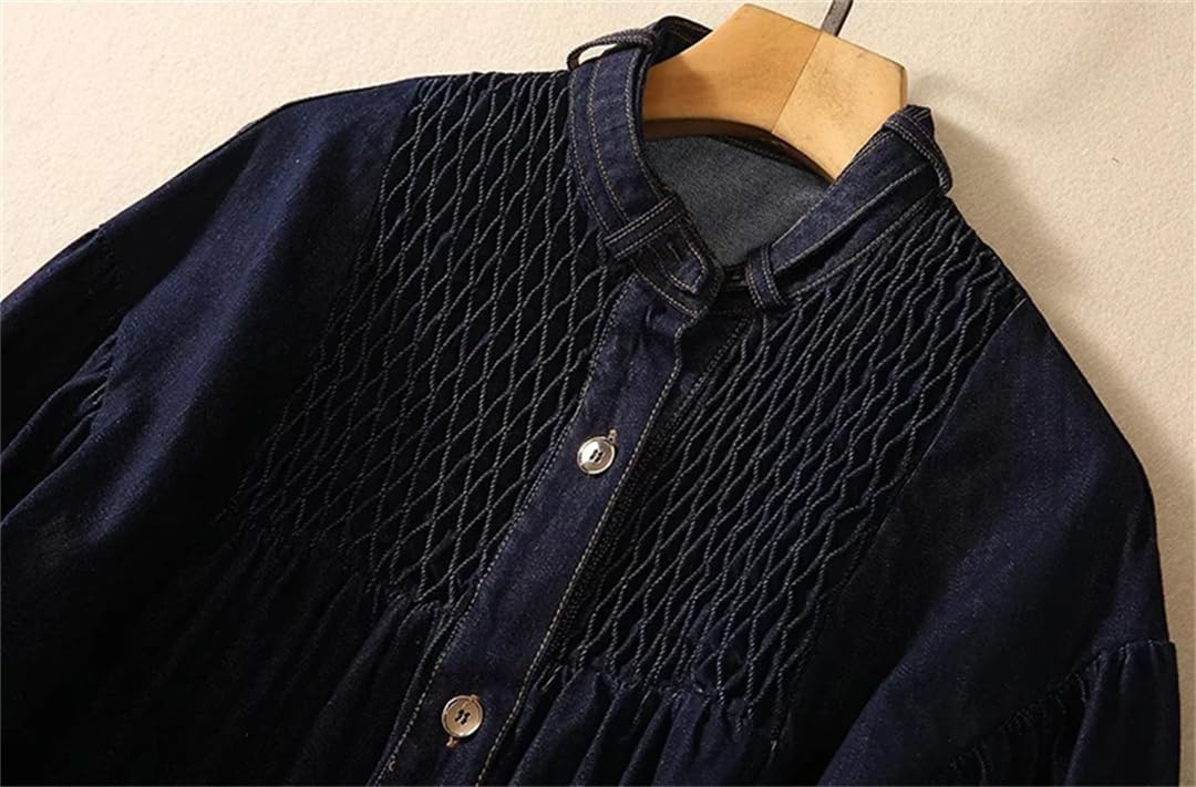 Abito da donna in denim blu all'inizio dell'autunno con colletto alla coreana tasche in cintura abito abiti larghi casual con bottoni