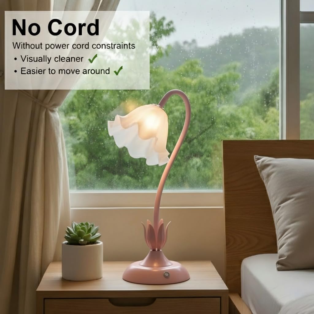 Cordless Flower Table Lamp Pink, Valentine‘s Gift, 5200-mAh Rechargeable Touch Lamp, 3-Way Dimmable, Build-in Integrated LED 320 Lumen Max, for Nightstand Bedroom Living Room image 3