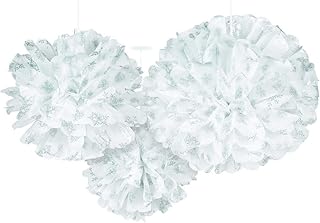 amscan Winter Wonderland Christmas Fluffy Snowflake Pom-Pom Party Decorations, Tissue Paper, Pack of 3