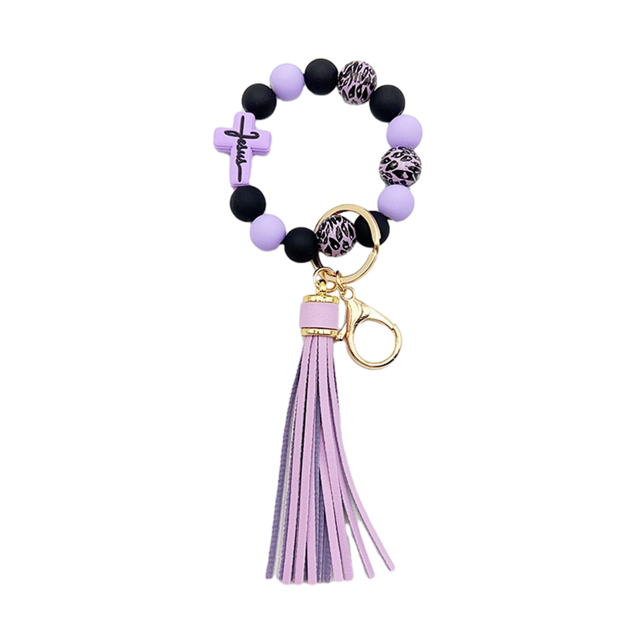 Phamines Wristlet Bracelet Keychain for Women,Silicone/Wood Cross Leopard Beaded Bracelet with PU Tassel,Clip Key Holder