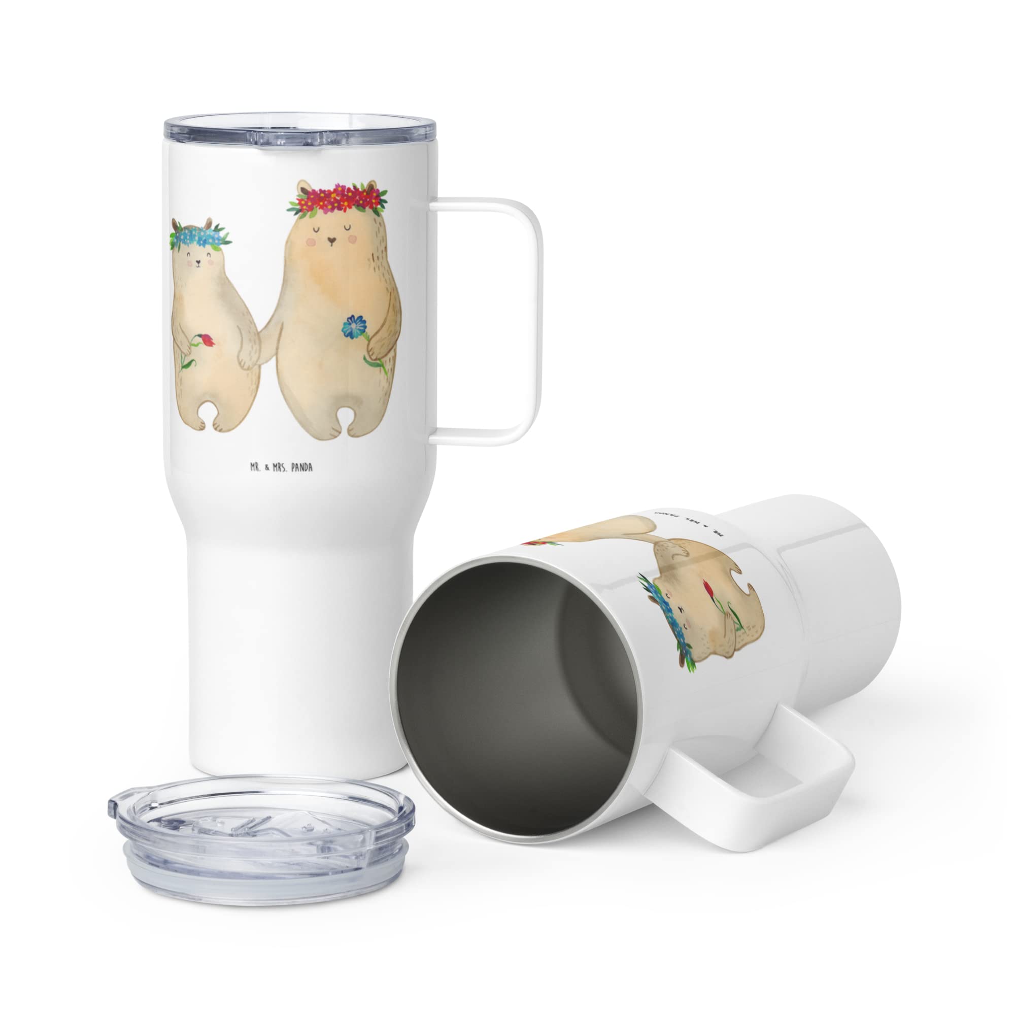 Mr. & Mrs. Panda Thermobecher Bären mit Blumenkranz - Geschenk, Teetasse, Vorbild, Kinder, Mehrweg-Kaffeebecher, Kaffee-to-go-Becher, Family, Muttertag, Isolierbecher, Mama, Beste Freundin, Mami