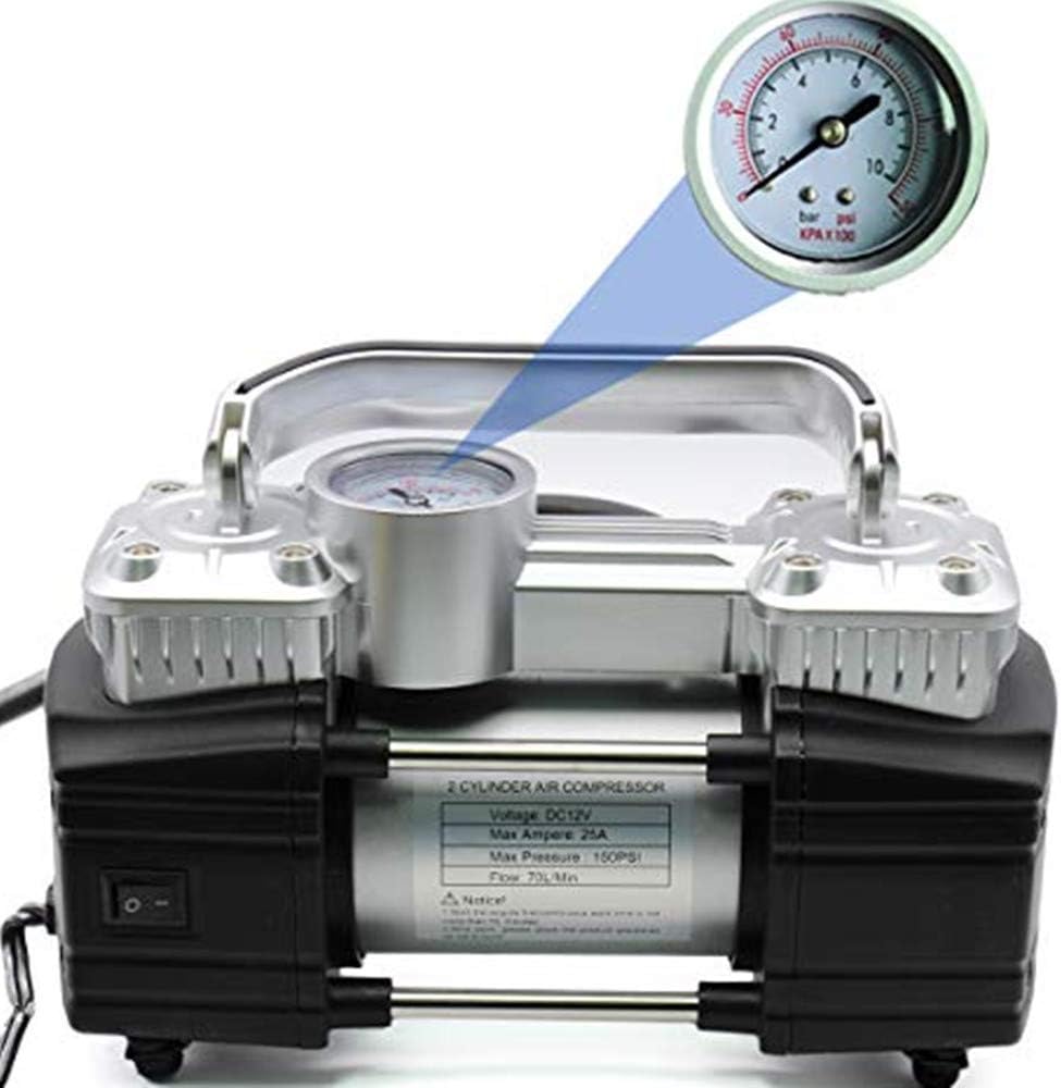 WINAUTO Heavy Duty Dual Cylinder Air Compressor Portable Air Pump with LED Light and Battery Clamp 150PSI DC12V Metal Pump Tire Inflator
