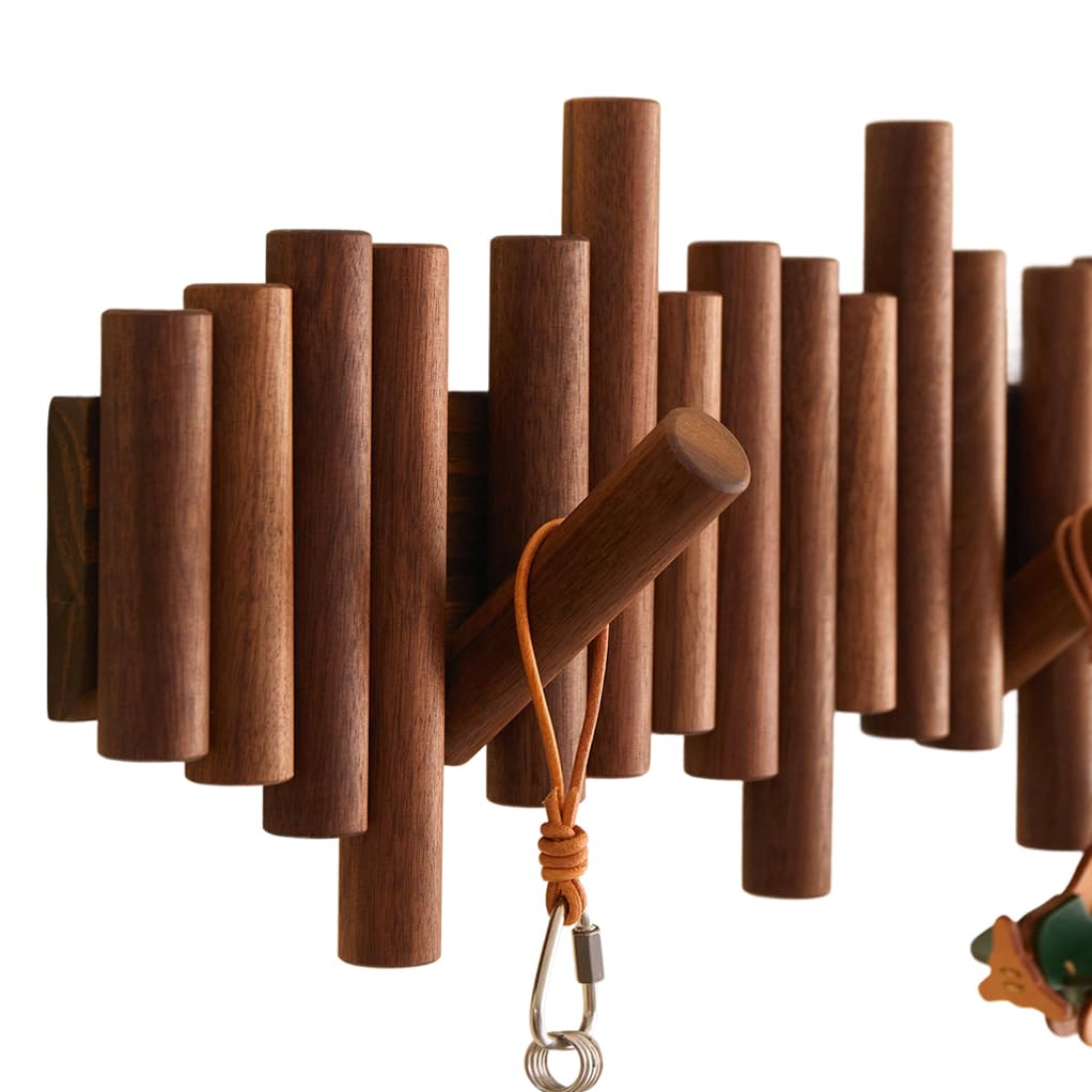 ZHOUXIAO Wood Coat Rack with Foldable Hook Wall Mount,Walnut Wood Coat Hooks Hanger 5Hook