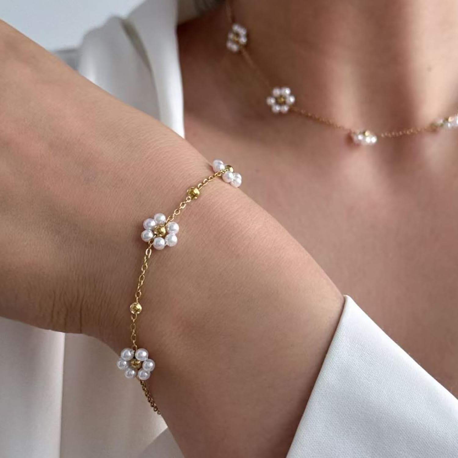 Zeffy Gold Pearl Beaded Bracelet for Women, 14K Gold Plated Jewelry Set With Paperclip Link Chain, Trendy Stack Bracelets - Image 6