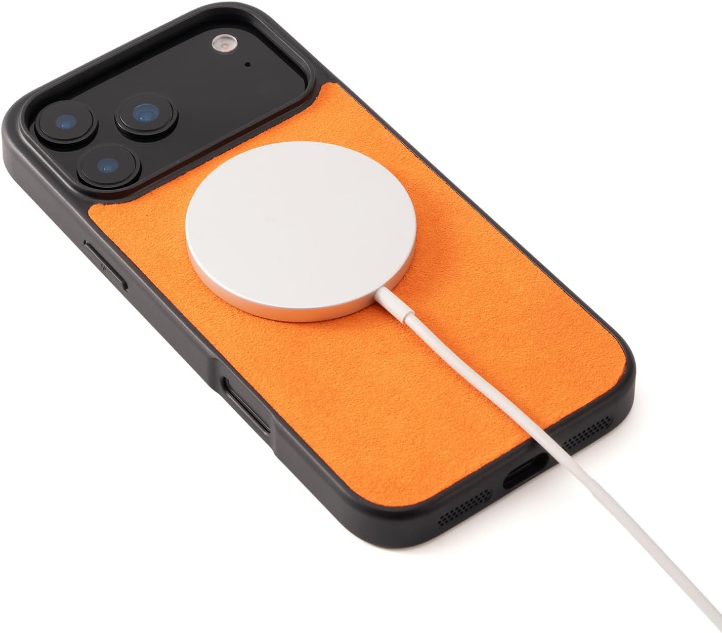Alcantara Back-Wrap Phone Case for iPhone 17 Pro Max 6.9", Handmade Back-Wrap Italian Synthetic Suede Cover, Compatible with Mag-Safe Wireless Charging (Orange)