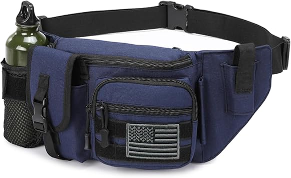 Tactical Fanny Pack For Mens, Small Fishing Waist Packs Adjustable Belt Bag EDC Bags Bottle Holder Pouch US Flag Patch Blue