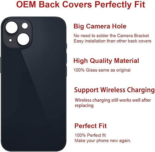 Miniatura 3 de Reemplazo de cristal trasero trasero para iPhone 14 de 6.1 pulgadas con kit de herramientas de reparación y manual (negro medianoche)