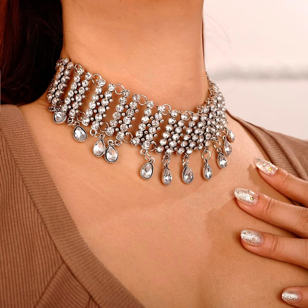 Wiwpar Vintage Boho Full Rhinestones Crystal Silver Choker Necklaces Chunky Choker Pendant Bib Necklace for Women - Image 5
