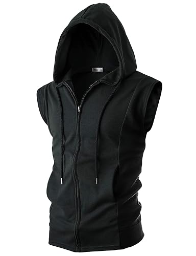 Ohoo Mens Slim Fit Sleeveless Lightweight Zip Up Hooded Sweatshirt