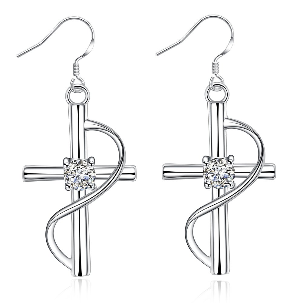 Sterling Silver Plated Cubic Zirconia Cross Drop Dangle Earrings for Women Cross Drop Earrings