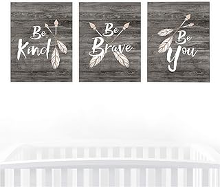 Andaz Press Unframed Baby Kids Room Nursery Wall Art, 8.5x11-inch, Tribal Arrows, Be Brave, Be Kind, Be You, Gray Wood, 3-Pack, Boys 1st Birthday Baptism Christening Gift Ideas