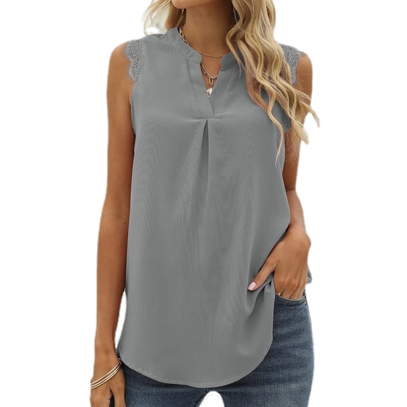 Débardeur en dentelle haut de gamme col en V taille L gris foncé - 4