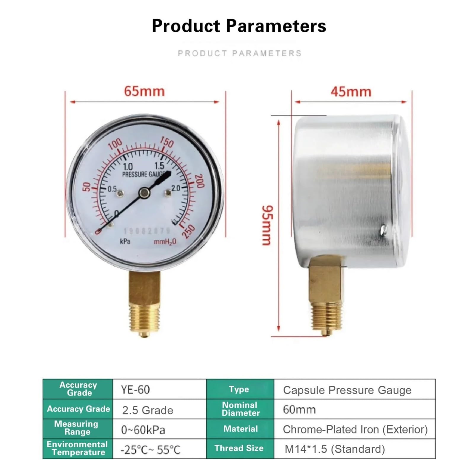 Membran-Manometer, YE-60 Vakuum-Mikro-Niederdruck-Manometer, Radialmontage, M14-Gewinde(-10-0kpa)