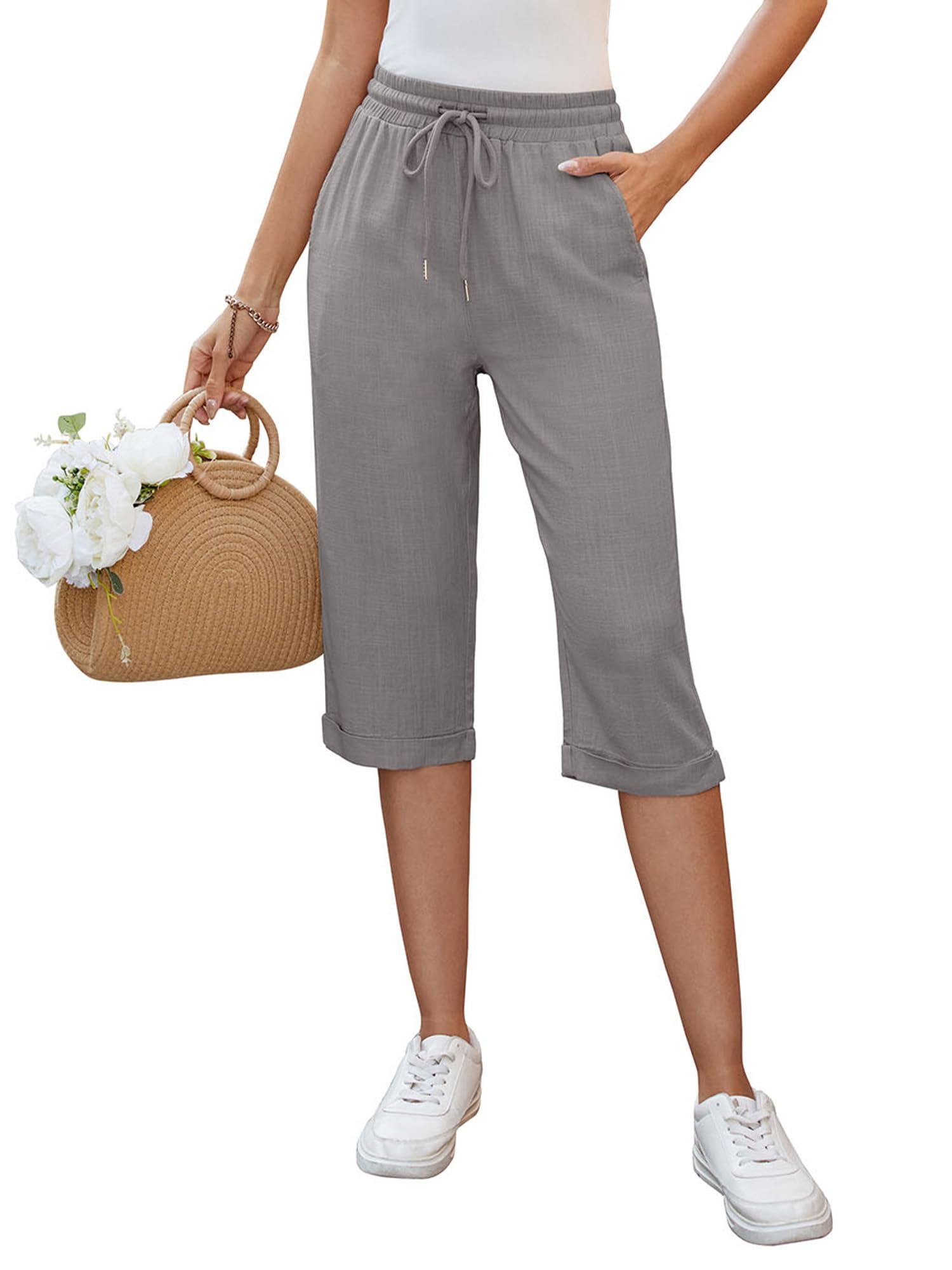 Auffortria Damen Leinen Sommerhose 3/4 Casual Leichte Baumwolle Leinenhose Bequeme Luftige Locker Freizeithose Strandhose Mit Taschen