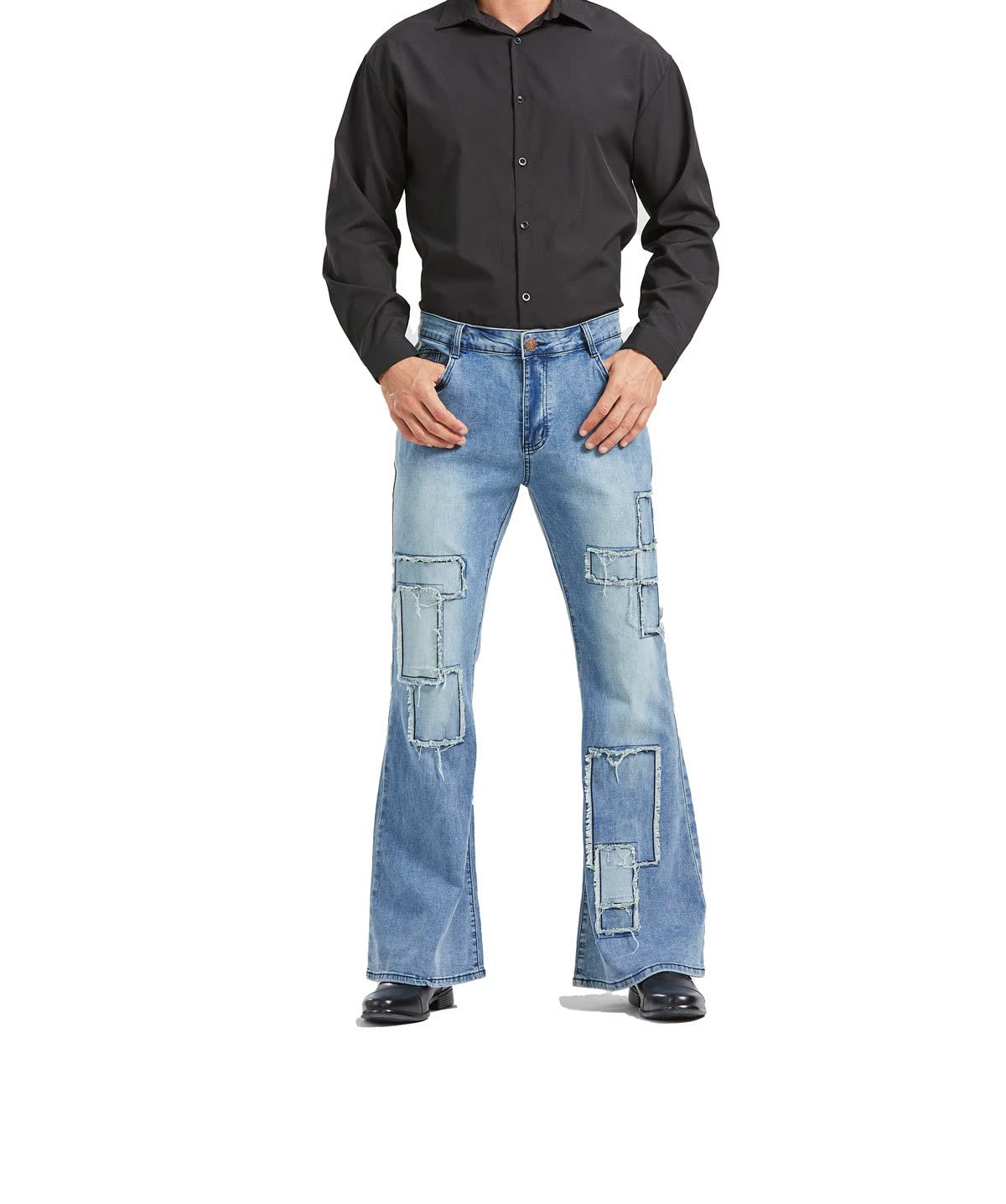 Men's Vintage Flared Leg Denim Jeans Classic Patchwork Bell Bottom Denim Pants - Blue - Large