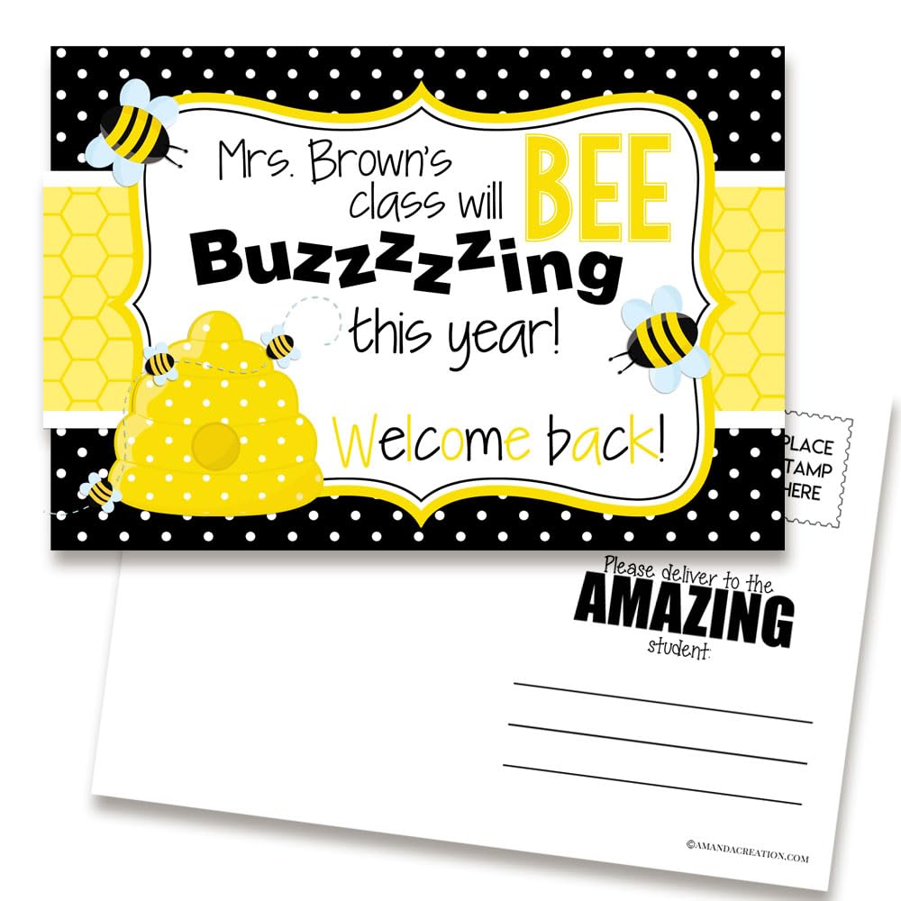 Amanda Creation Back to School Postcards Custom Bumble Bee Welcome Back Notes for Students, 30 4"x6" Fill In Notecards - Personalized Bulk from Teacher Positive Note Home