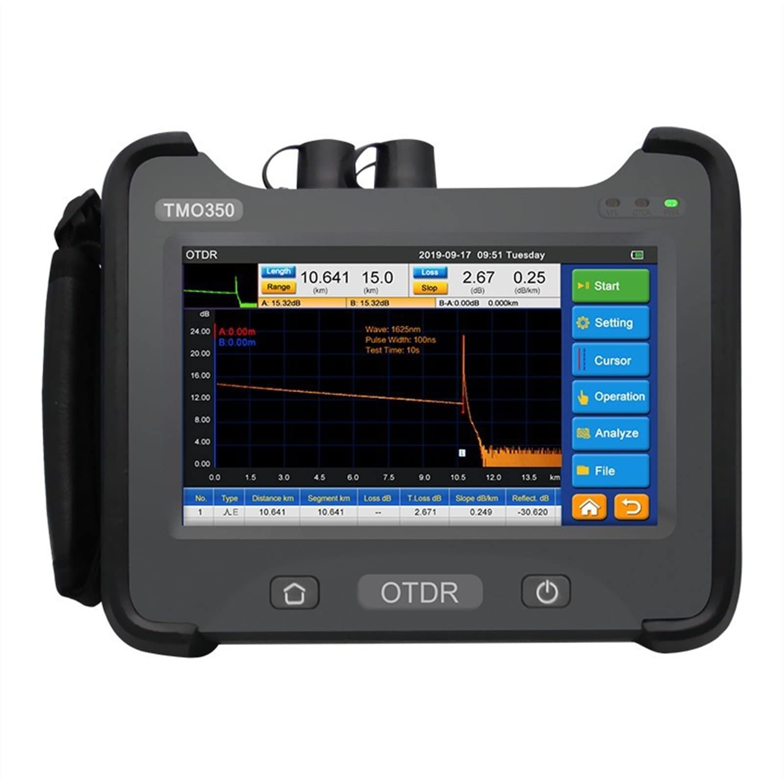 Tester kabli sieciowych, TMO350 OTDR. Odbiór domeny w czasie optycznym 850/1300/1310 / 1550Nm Cztery zintegrowane zintegrowane multimode fali