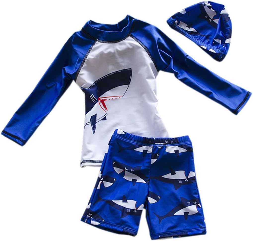 TAIYCYXGANBaby Boys Kids Long Sleeve UV Sun Protection Rash Guards Swimsuit With Hat Blue M