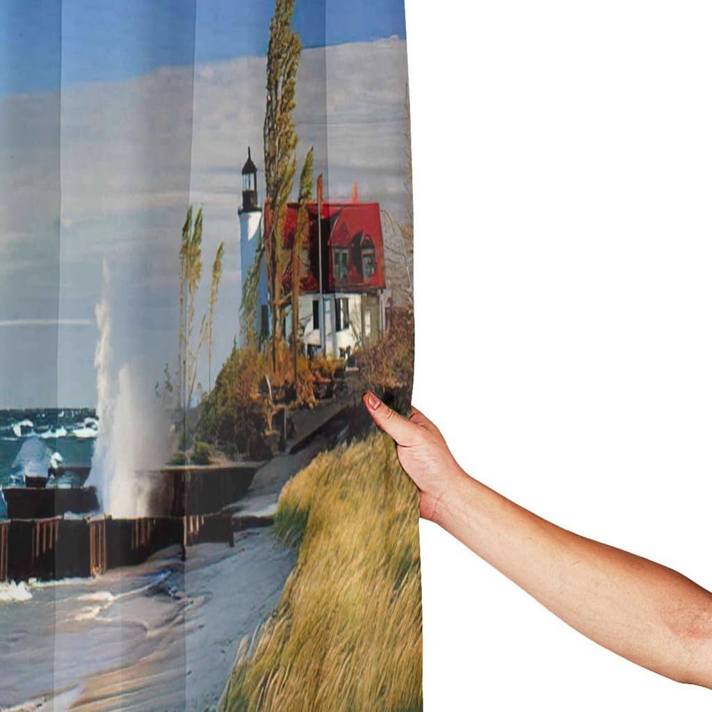 Michigan Shower Curtain Set Landscape Point Betsie Lighthouse Frankfort USA Gale Force Wind and Bathroom Curtains Polyester Fabric Waterproof Bath Curtains Decor 72" W x 72" L with Hooks