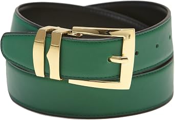 Mens Belt Reversible Wide Bonded Leather Gold-Tone Buckle GREEN/Black