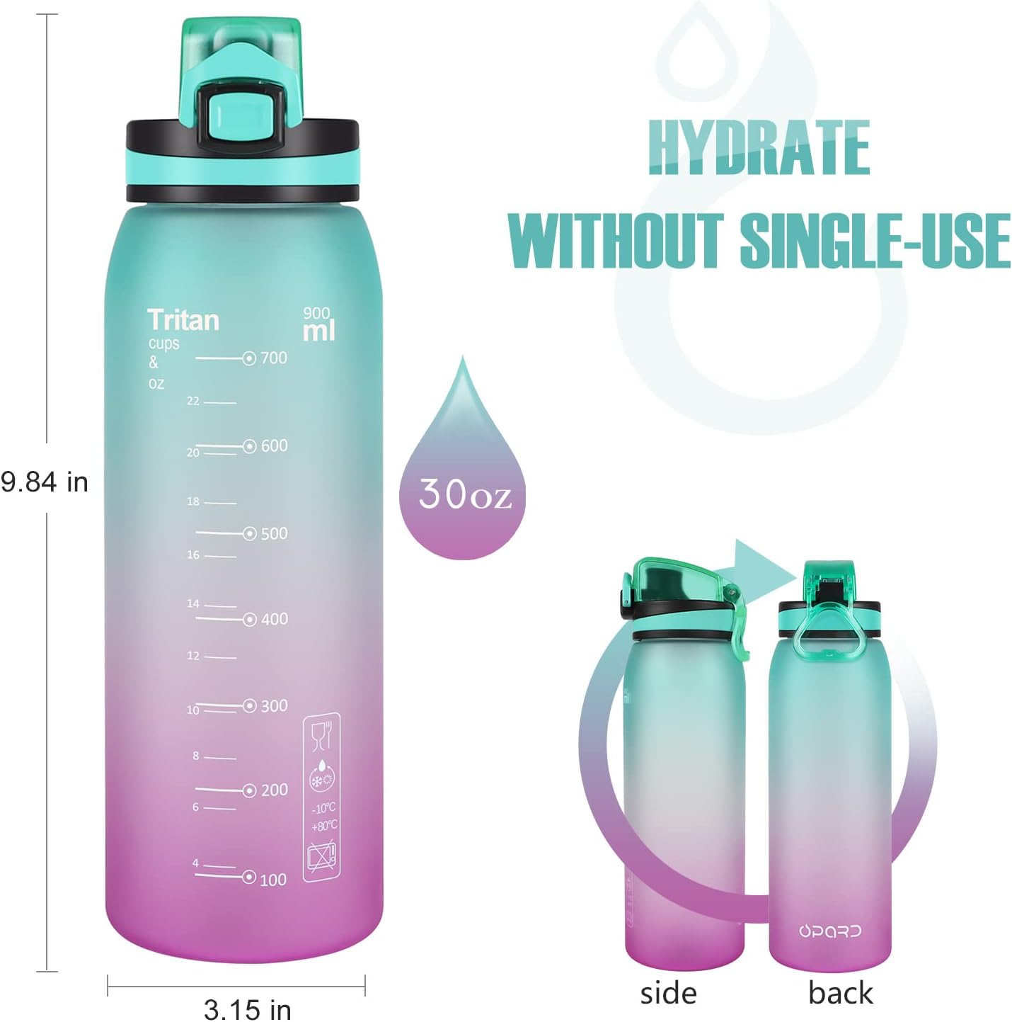 Opard 30oz/32oz Sports Water Bottle with Leak Proof Flip Top Lid BPA Free Tritan Reusable Plastic for Gym and Outdoor, Travel Water Bottle with Straw 30 oz - Fast Flow Purple Blue image 2 of 6 B089QGRT8F