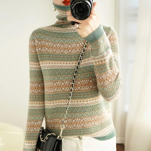 Sdfgh Autumn And Winter Turtleneck Pullover Women's Ethnic Style Bottoming Knitted Sweater Long Sleeve Top (Color : Green, Size : L Code) #TOP2