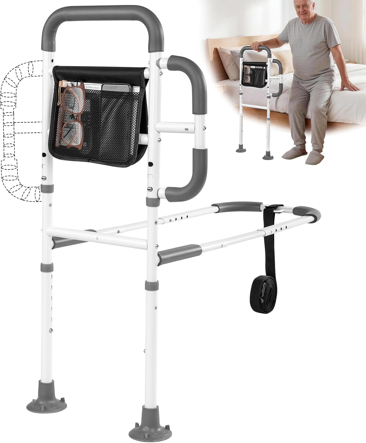 Assistive Rail for Elderly Adults, Seniors Grab Bar with Non-Slip Handles & Storage Bag, Portable Bed Cane 400LBS Capacity, Fits King Queen Full Twin Sizes (White)