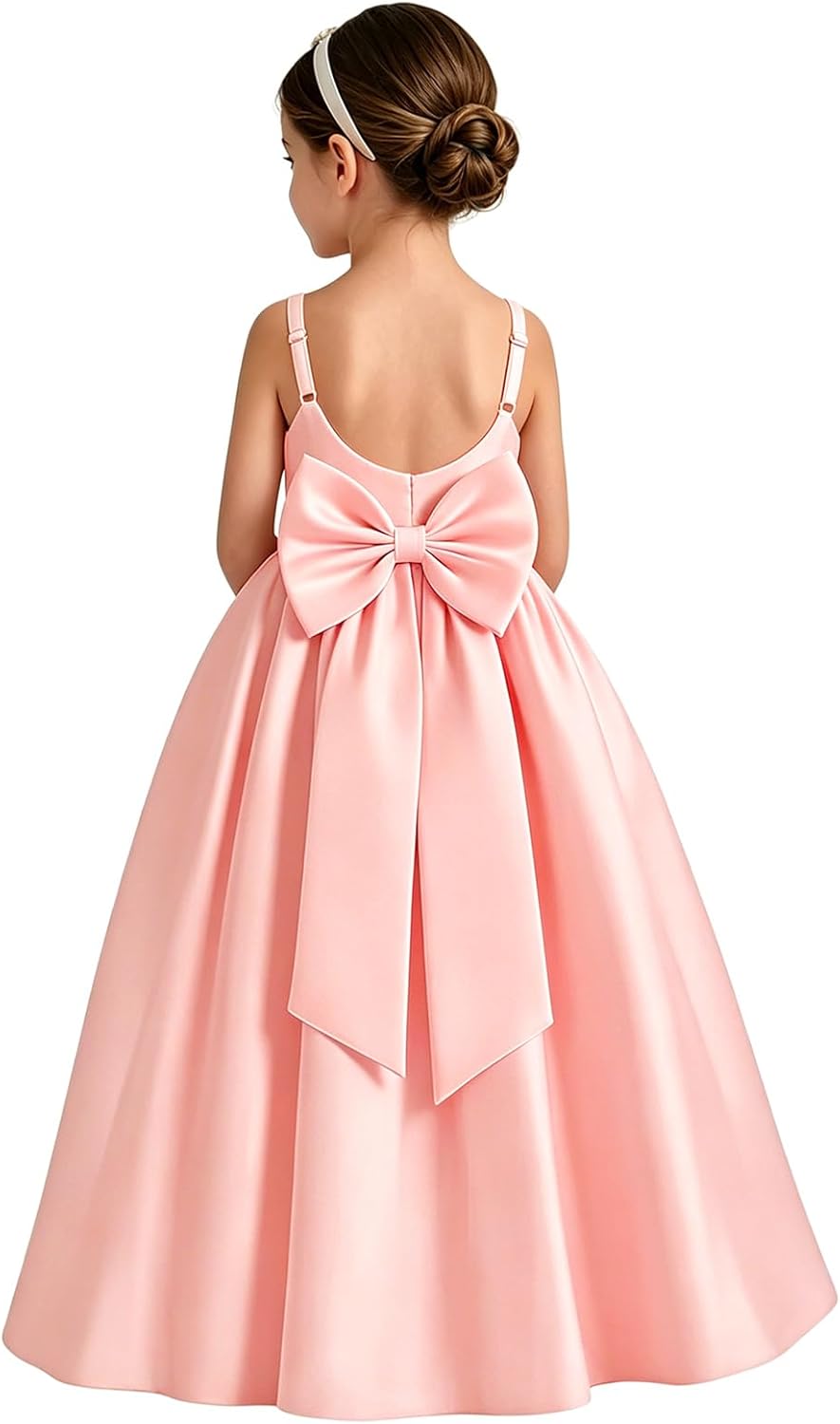 Satin Flower Girl Dress for Wedding Kids Princess Formal First Communion Dresses Pageant Ball Gowns with Bow