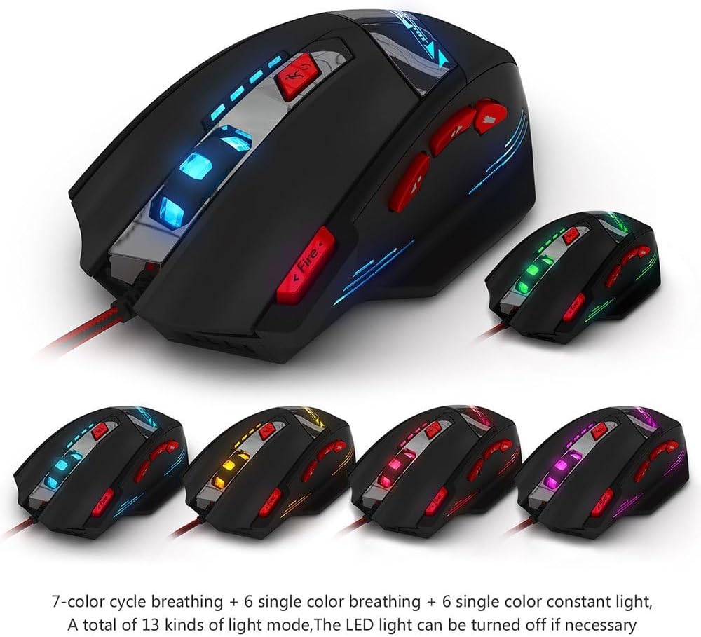 Zelotes Wired Gaming Mouse, 8 Programmable Buttons, 9200DPI MMO Gamer Mouse, Black, LED, Ergonomic, USB, PC, Mac, Laptop