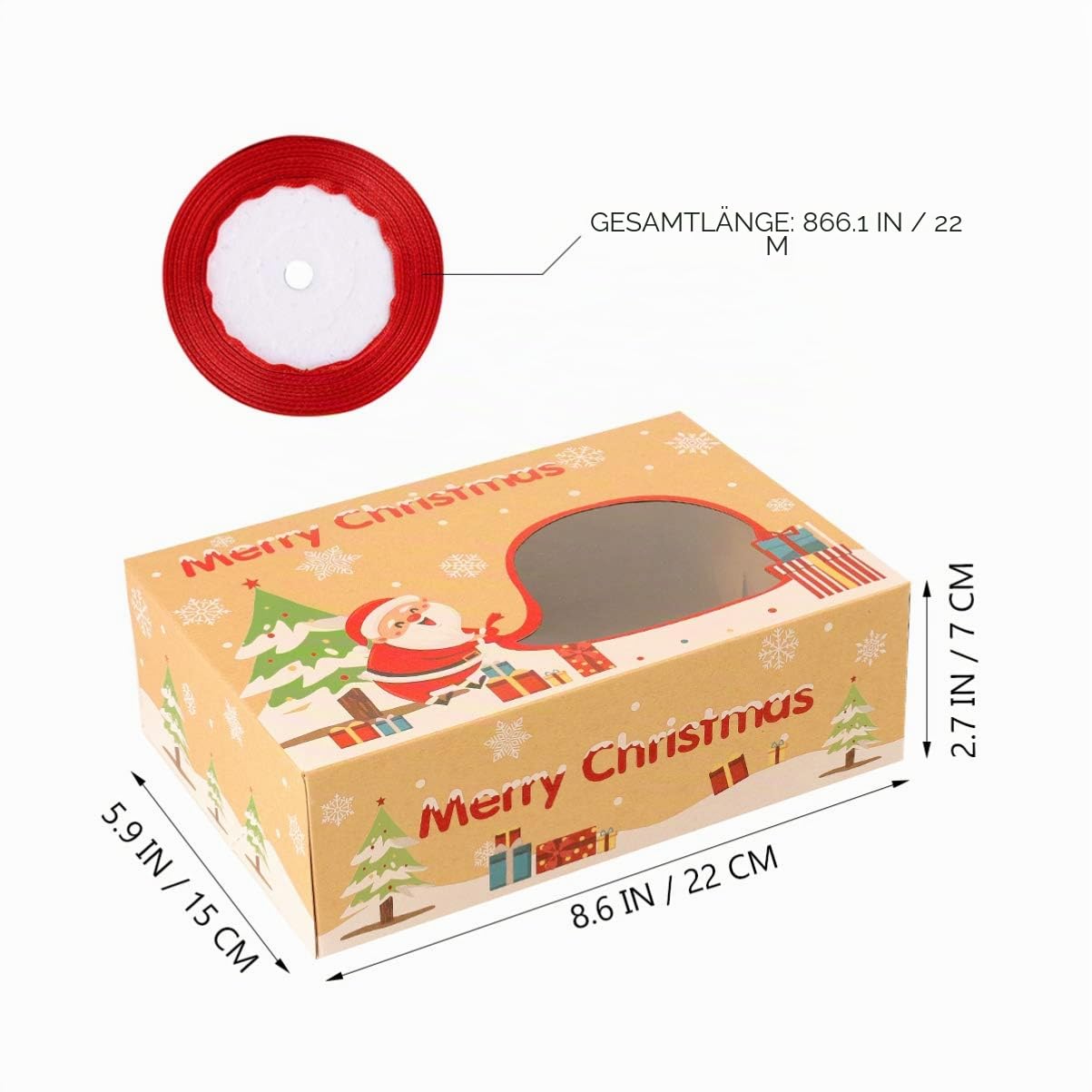 HEMOTON 16Pcs Plätzchenboxen Kraftpapier Donut-Bonbonboxen Weihnachtsgeschenkboxen mit Klarem Fenster Feiertagsbäckerei-Lebensmittelbehälter mit 22 Bändern