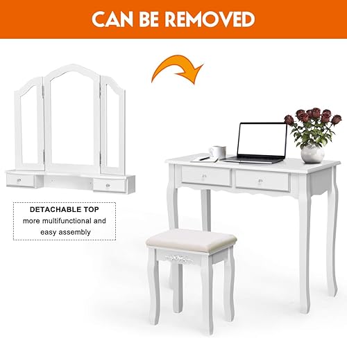 Miniatura 5 de GOFLAME Juego de taburete de tocador con triple espejo plegable, 4 cajones de maquillaje con taburete acolchado, organizador de maquillaje moderno