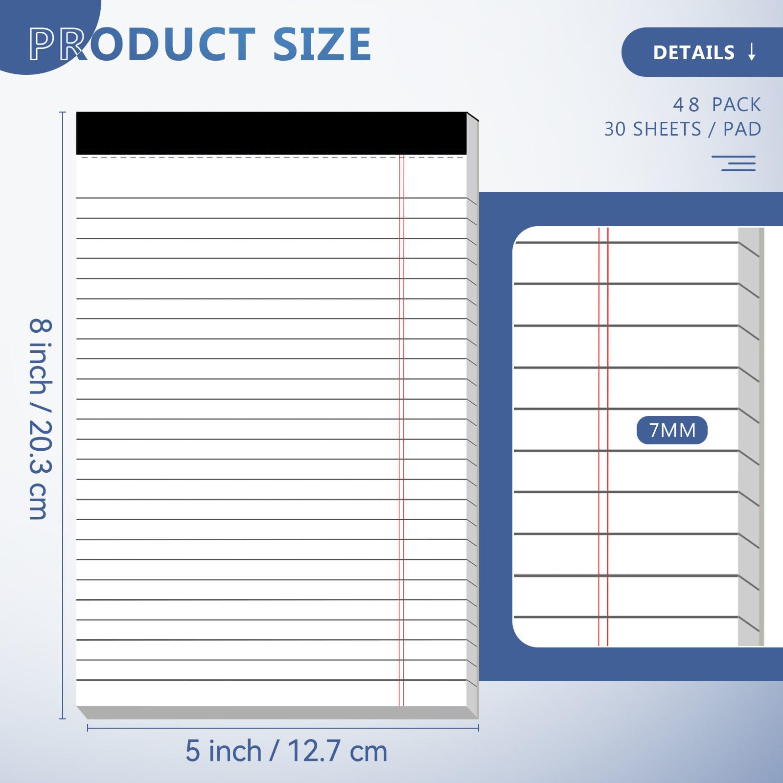 Confezione da 48 blocchi per appunti da 12,7 x 20,3 cm, 30 fogli per appunti a righe universitarie, pagine perforate, 80 g/m², in carta pesante, per casa, ufficio o scuola