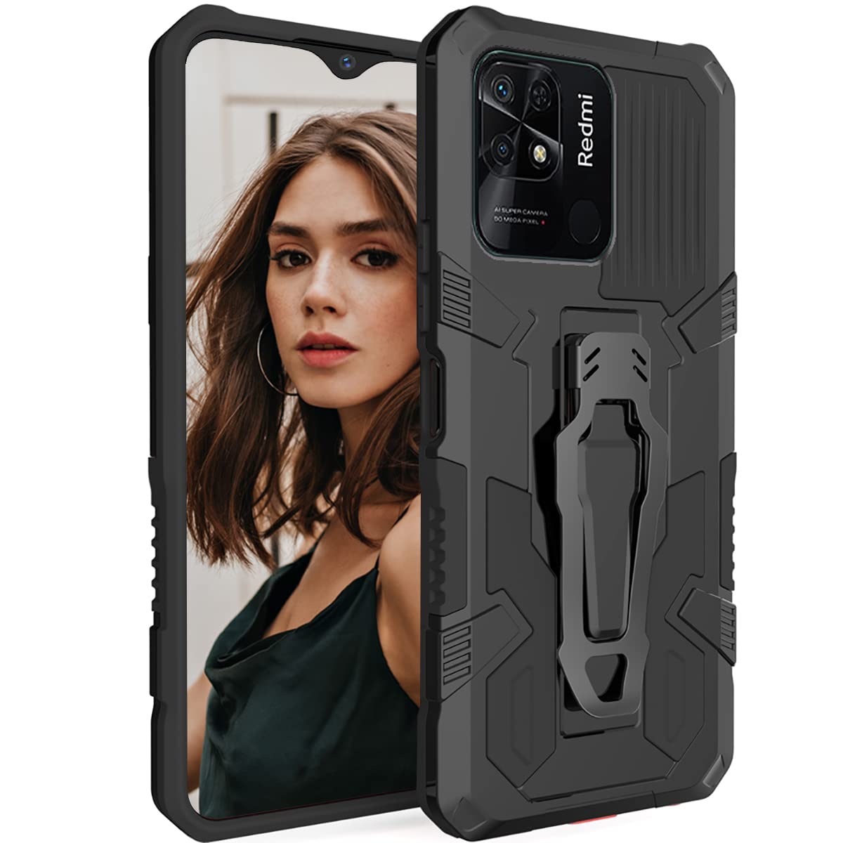 CCSamll for Xiaomi Redmi 10C Case with Metal Belt Clip Holster, Military Grade Drop Protection Cover with Kickstand Phone Case for Xiaomi Redmi 10C JJ Black