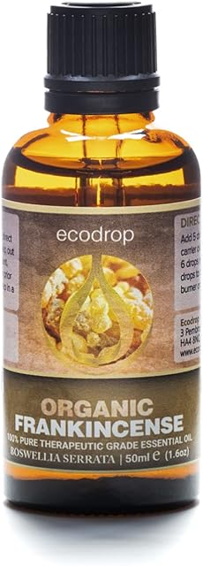 Ecodrop Pure Frankincense Essential Oil - 50ml bottle | 100% Natural Therapeutic Grade Indian Boswellia Serrata Oil | Aromatherapy Massage, Diffuser & Bath Oil for Healthy, Clear Skin & Mood | Organic