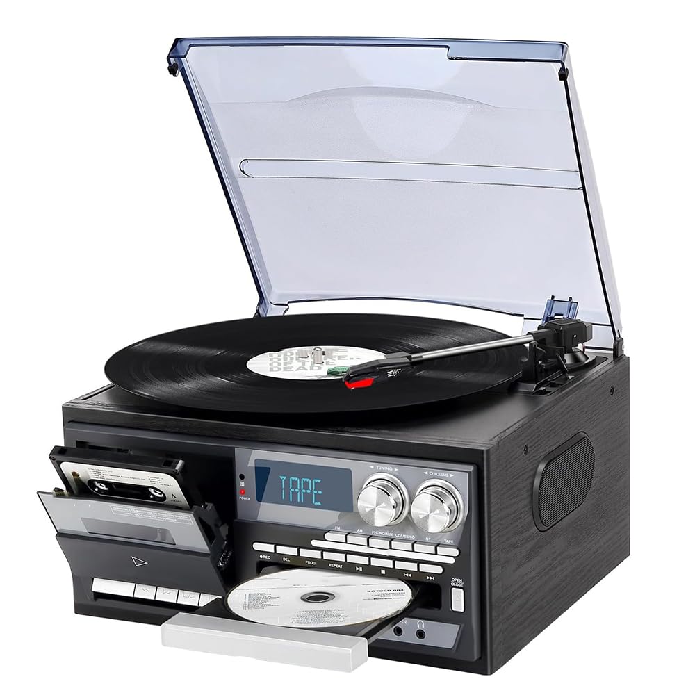 WDWDW Cassette Player Bluetooth CD Boombox Portable Radio Turntable with Built-in Speakers,3 Speed Vinyl Record,Retro Design,Dust Cover for Home Entertainment