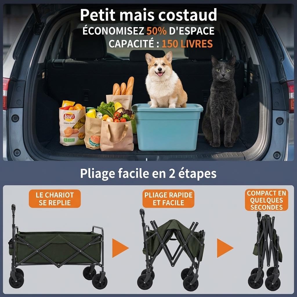 Chariot Pliable Camping 220L, Chariot De Plage Tout Terrain, Chariot De Jardin avec Roues 360° Freins, Charge 172kg, Tissu Oxford 600D, Poignée Réglable, pour Camping Plage Jardin Courses