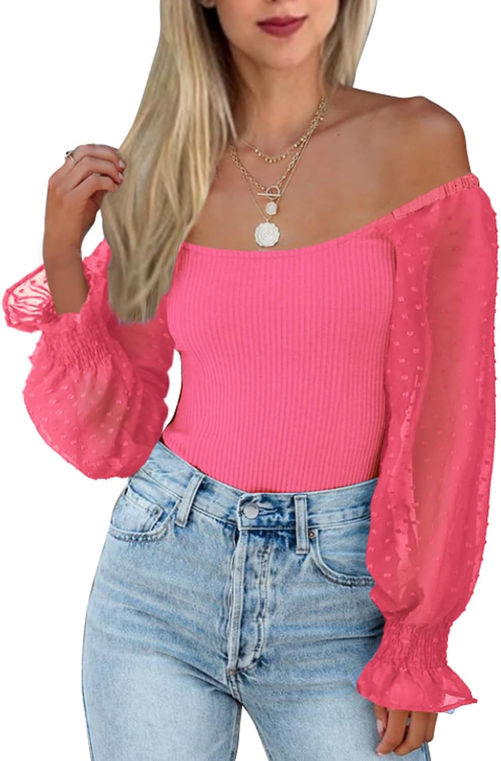 Women Square Neck Puff Long Sleeve Bodysuit Jumpsuit Off Shoulder Leotard Sheer Polka Dot Sleeve Shirts Tops
