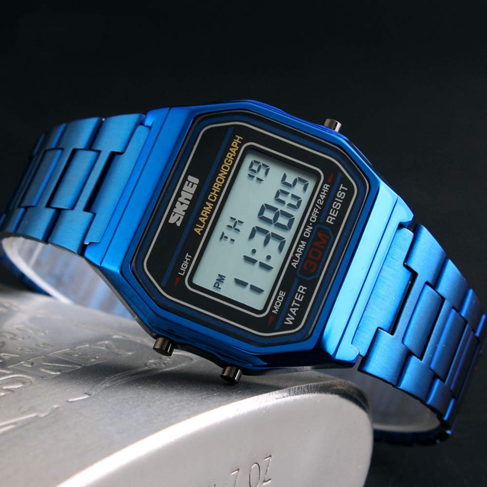 MASTOP Orologio sportivo digitale da uomo, doppio display, in acciaio inox, quadrato, conto alla rovescia, sveglia, retroilluminazione, resistente all'acqua