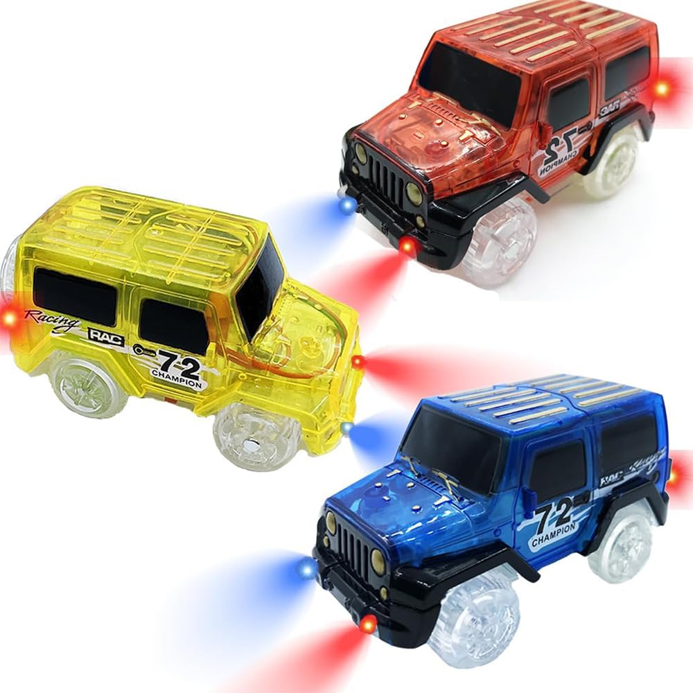 Kusikid Tracks Cars Replacement with LED Light Glow Car Toys, Glow in The Dark, Race Car Track Compatible with Car Tracks Toys for Kids for Boy Girl Age 3-12 Years Old(3PCS)