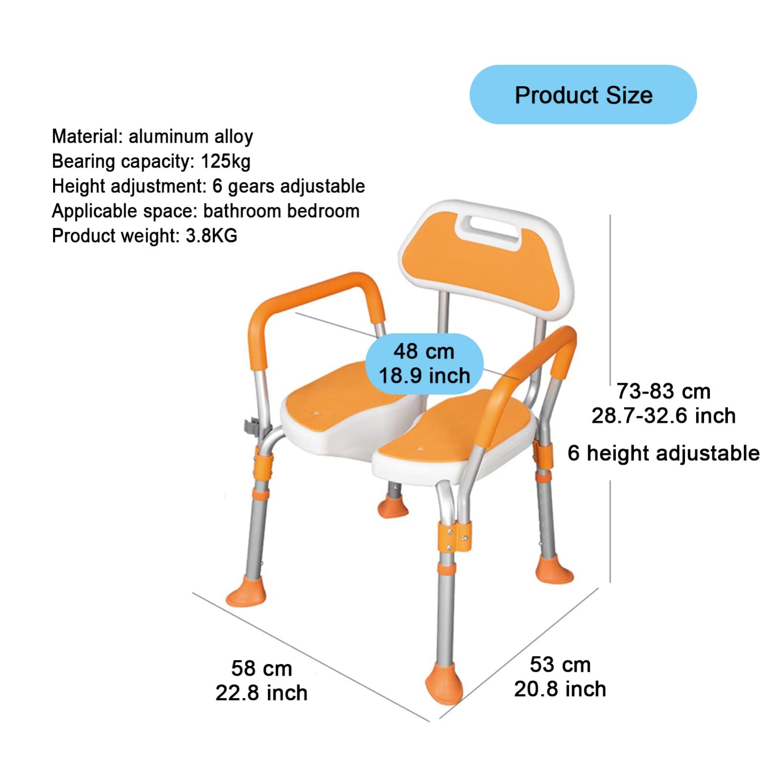 Silla de Ducha,Taburete de Baño,Banqueta para la Ducha,Asiento De Ducha Adulto con Respaldo y Reposabrazos,Taburete de Ducha para Mayores,Capacidad 125kg A