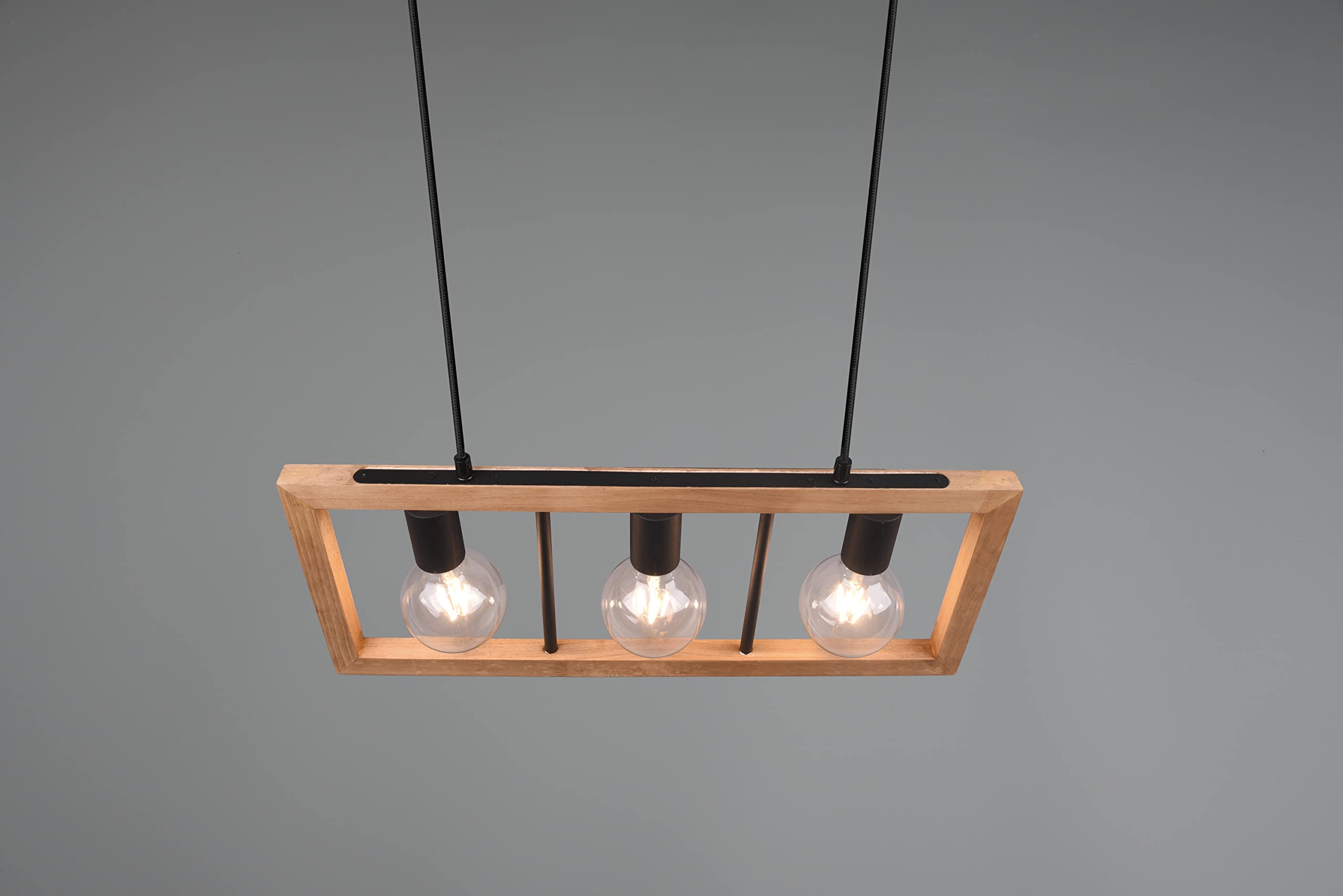 TRIO, Suspension, Agra 3xE27, max.10,0 W Bois naturel, couleur de bois, Corps: Métal, noir mat L:60,0cm, L:8,0cm, H:150,0cm IP20,Sans illuminant,Réglable en hauteur