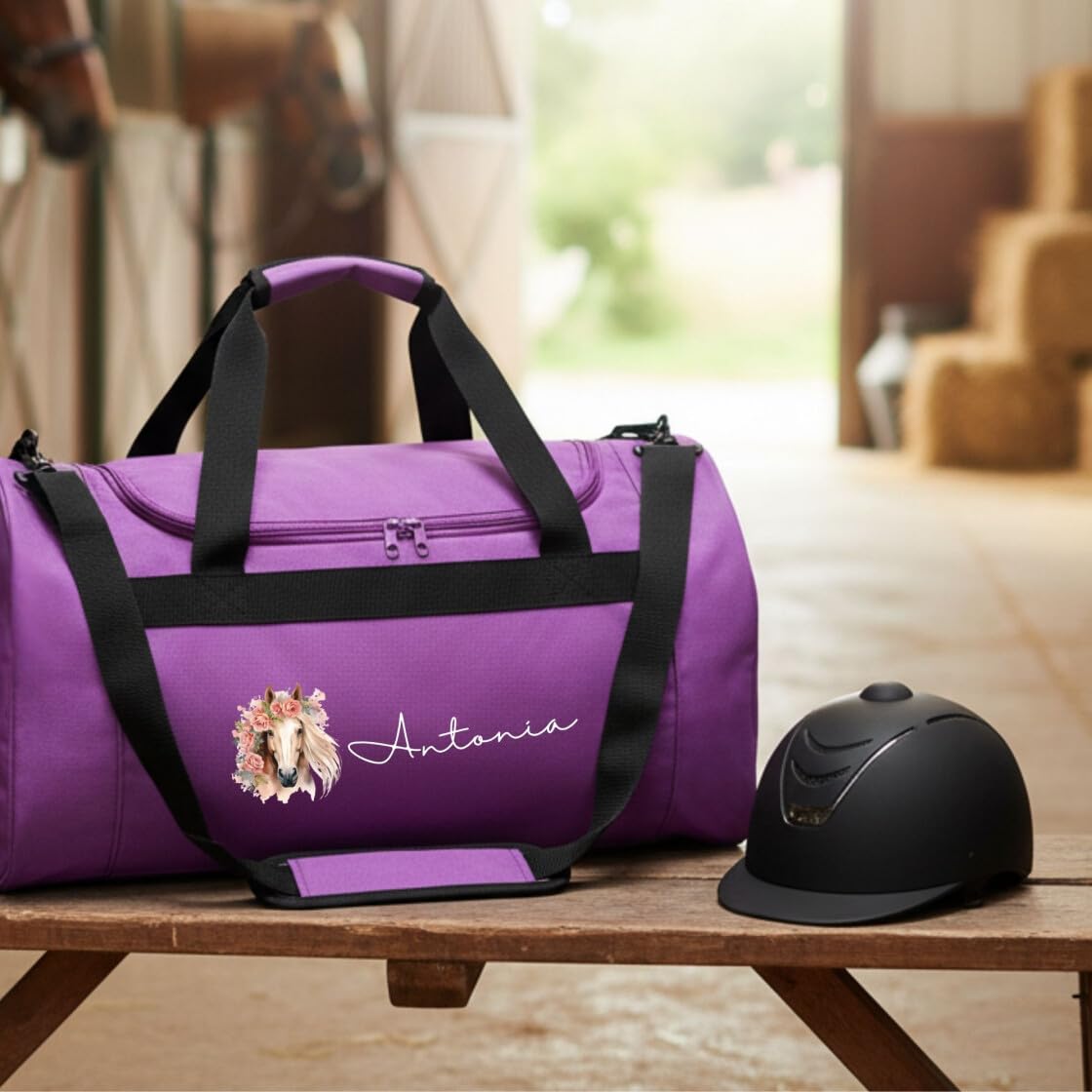 minimutz Sporttasche Pferd Kinder personalisiert, Reisetasche Reittasche Mädchen groß, Kindersporttasche mit Name 26L (lila)