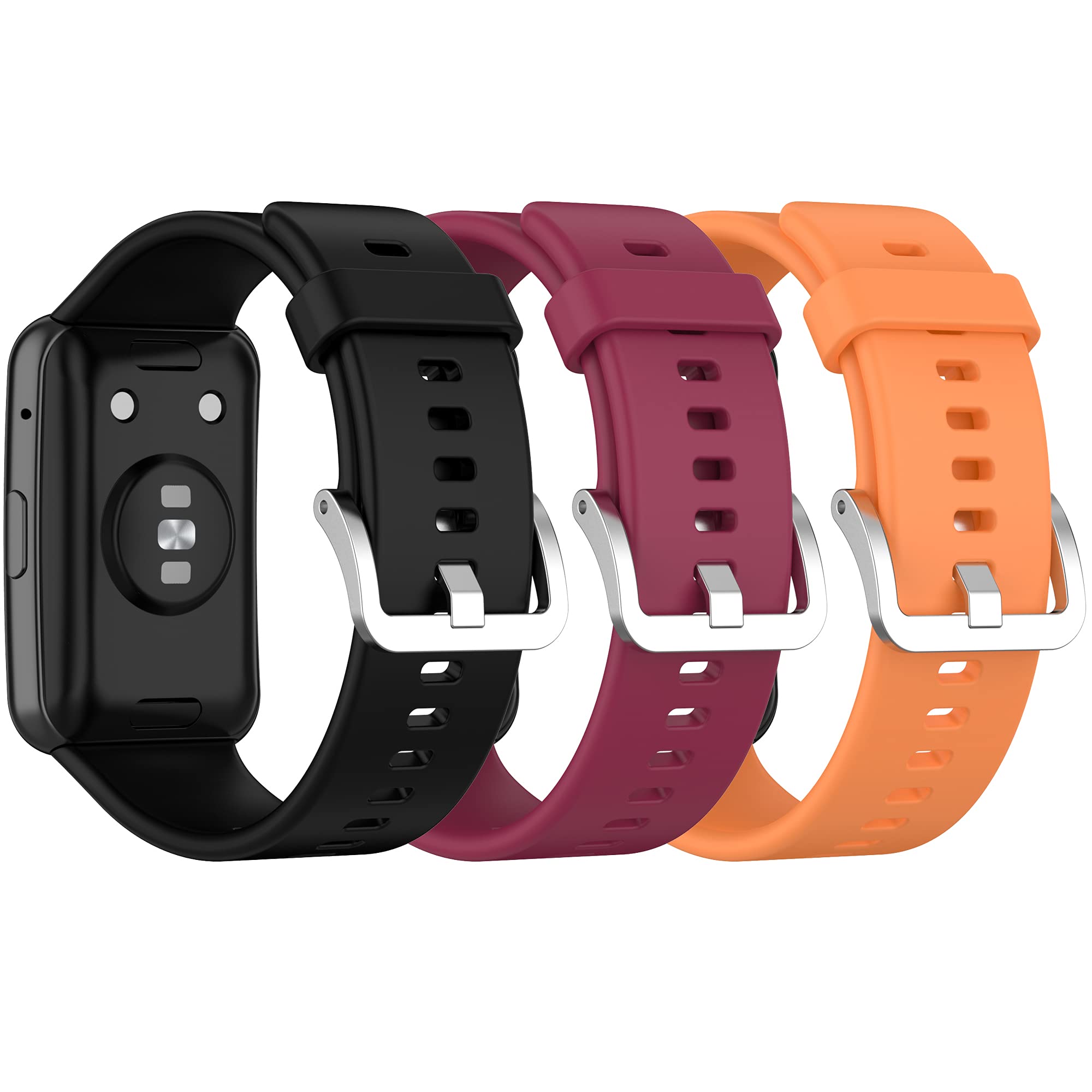 Confezione da 3 cinturini di ricambio compatibili con Huawei Watch Fit Smartwatch, cinturino regolabile in silicone per orologio da uomo e donna (nero vinacciato arancione)