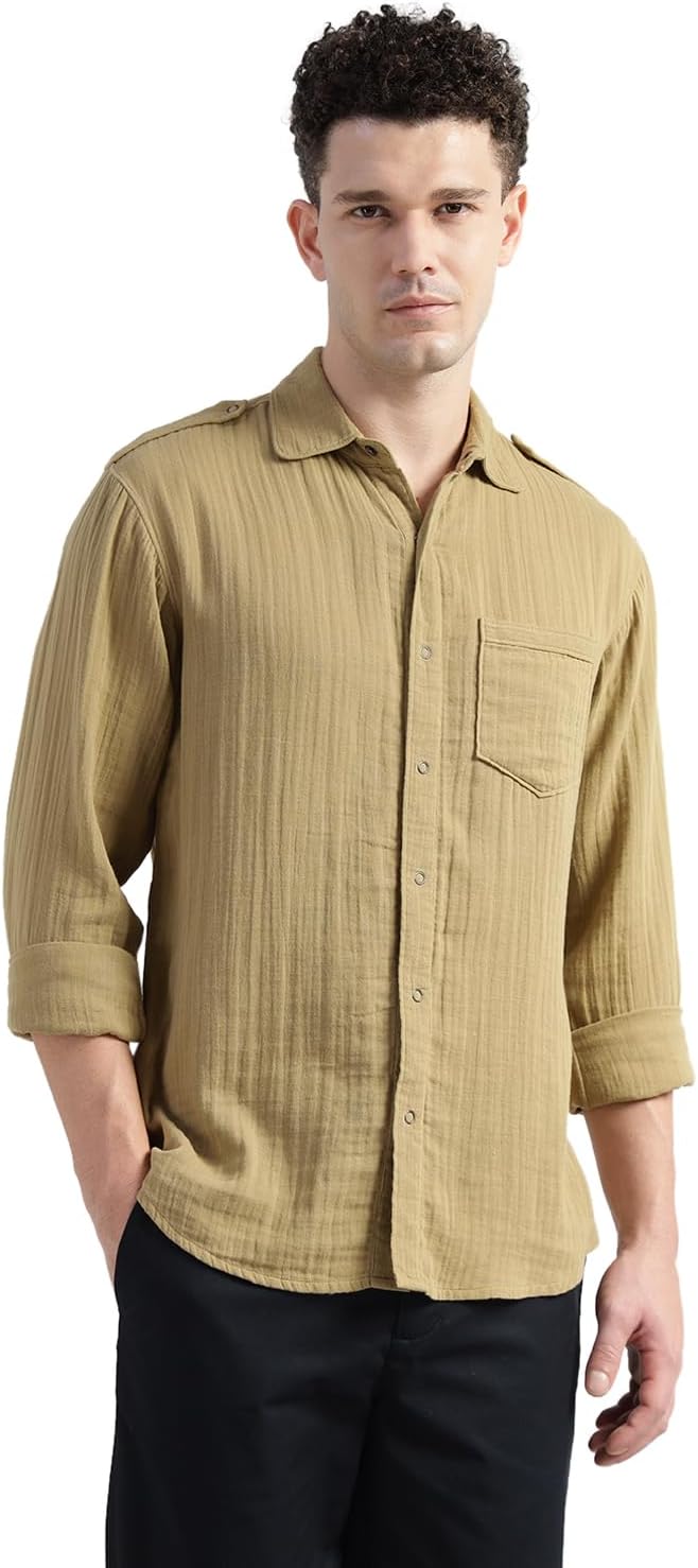 Men’s Solid Olive Khaki Cotton Casual Long Sleeve Regular Fit Shirt