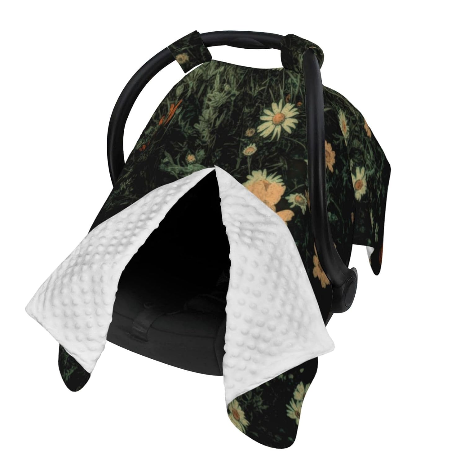 Bohemian White Daisy Wildflower Black Floral Baby Car Seat Cover & Breastfeeding Nursing Cover - Breathable Stretch Fabric Multi-Use Nursing Cover for Breastfeeding