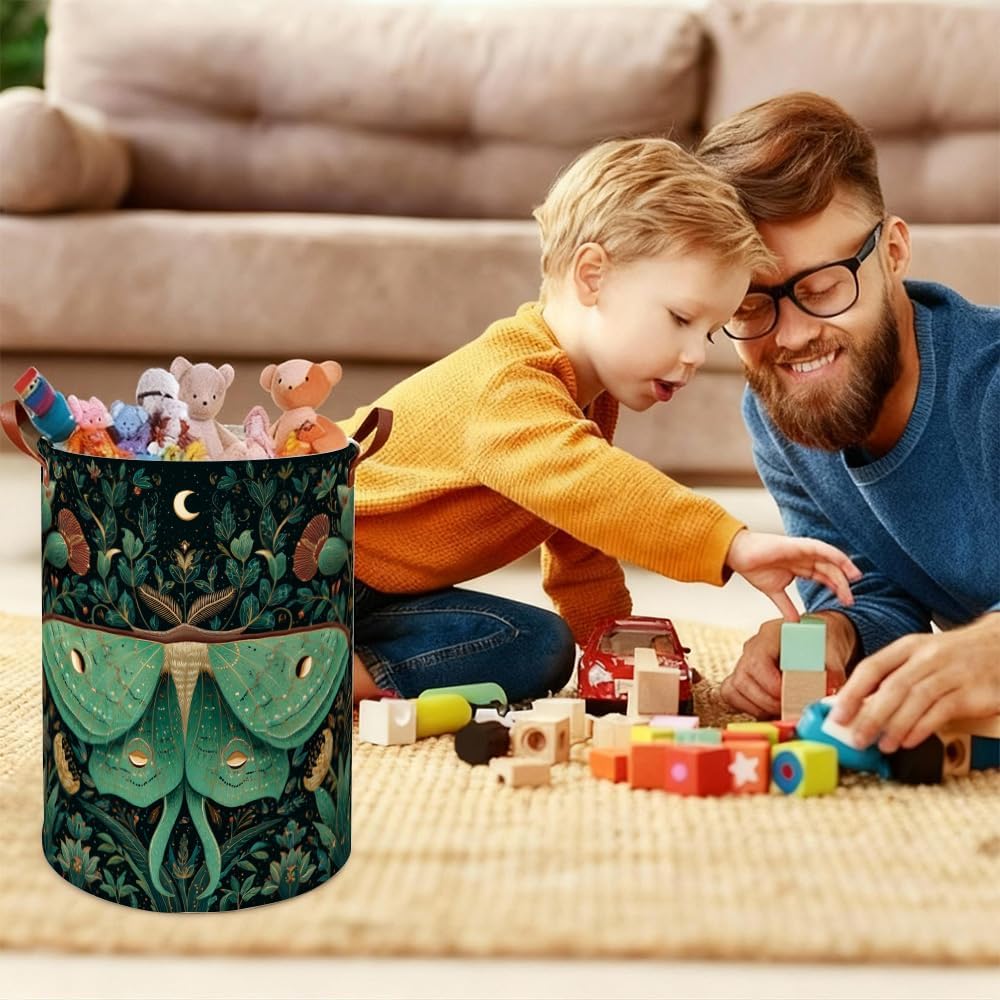 Dark Botanical Laundry Basket Luna Moth Collapsible Laundry Baskets Oxford Cloth Storage Bin Funky Colorful Laundry Hamper for Spring Decor 15.75x15.75x19.7"