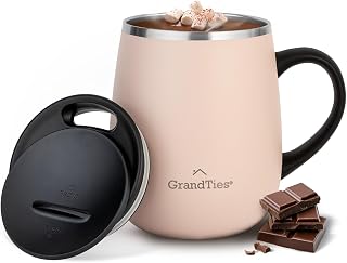 Grandties Insulated Coffee Mug with Handle, Sliding Lid for Splash-Proof 16 oz Wine Glass Shape Thermal Tumbler with Double Walled Vacuum Stainless Steel to Keep Beverages Hot or Cold- Peach Crème